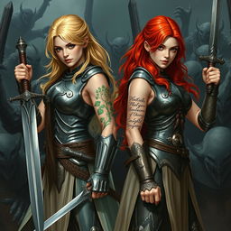 Ophelia, a blonde Shakespearean knight on the left, exuding grace and strength, and Barria, a red-headed knight of Torm on the right, stand united against a horde of evil creatures in an intense battle scene