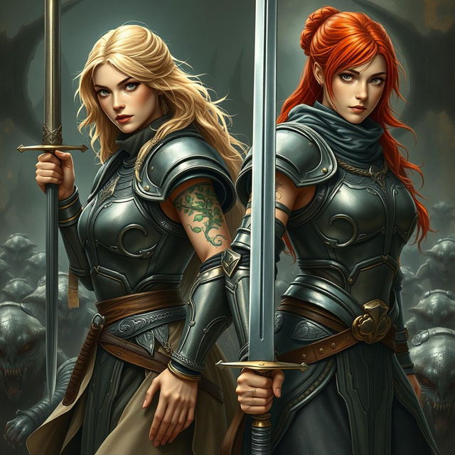 Ophelia, a blonde Shakespearean knight on the left, exuding grace and strength, and Barria, a red-headed knight of Torm on the right, stand united against a horde of evil creatures in an intense battle scene