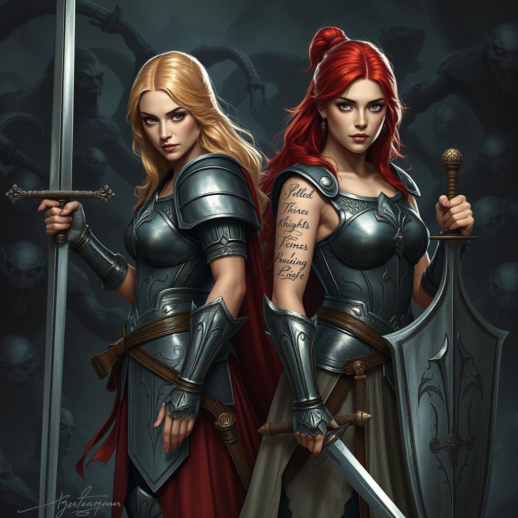 Ophelia, a blonde Shakespearean knight on the left, exuding grace and strength, and Barria, a red-headed knight of Torm on the right, stand united against a horde of evil creatures in an intense battle scene