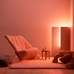 A relaxing, chill vibe room with soothing lighting, cozy furniture, decorated with minimalist aesthetics and soft colors