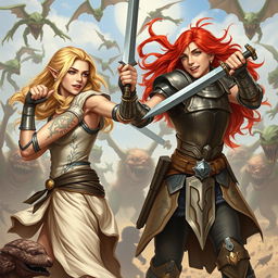 Ophelia, a graceful blonde elven Shakespearean knight in sleeveless armor on the left, and Barria, a spirited red-headed knight of Torm also in sleeveless armor on the right, are joyously battling evil creatures together, showcasing camaraderie and excitement in their fight