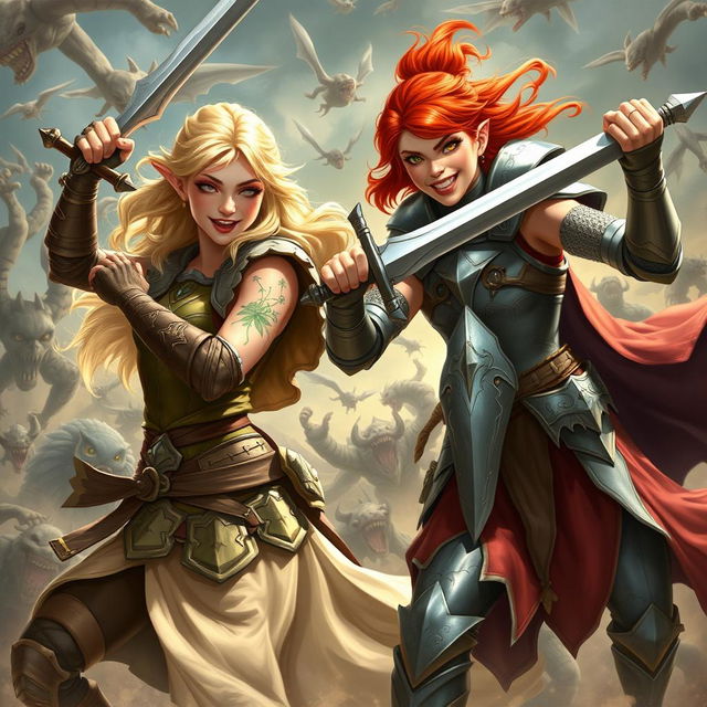 Ophelia, a graceful blonde elven Shakespearean knight in sleeveless armor on the left, and Barria, a spirited red-headed knight of Torm also in sleeveless armor on the right, are joyously battling evil creatures together, showcasing camaraderie and excitement in their fight