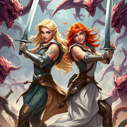Ophelia, a graceful blonde elven Shakespearean knight in sleeveless armor on the left, and Barria, a spirited red-headed knight of Torm also in sleeveless armor on the right, are joyously battling evil creatures together, showcasing camaraderie and excitement in their fight