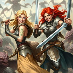 Ophelia, a graceful blonde elven Shakespearean knight in sleeveless armor on the left, and Barria, a spirited red-headed knight of Torm also in sleeveless armor on the right, are joyously battling evil creatures together, showcasing camaraderie and excitement in their fight