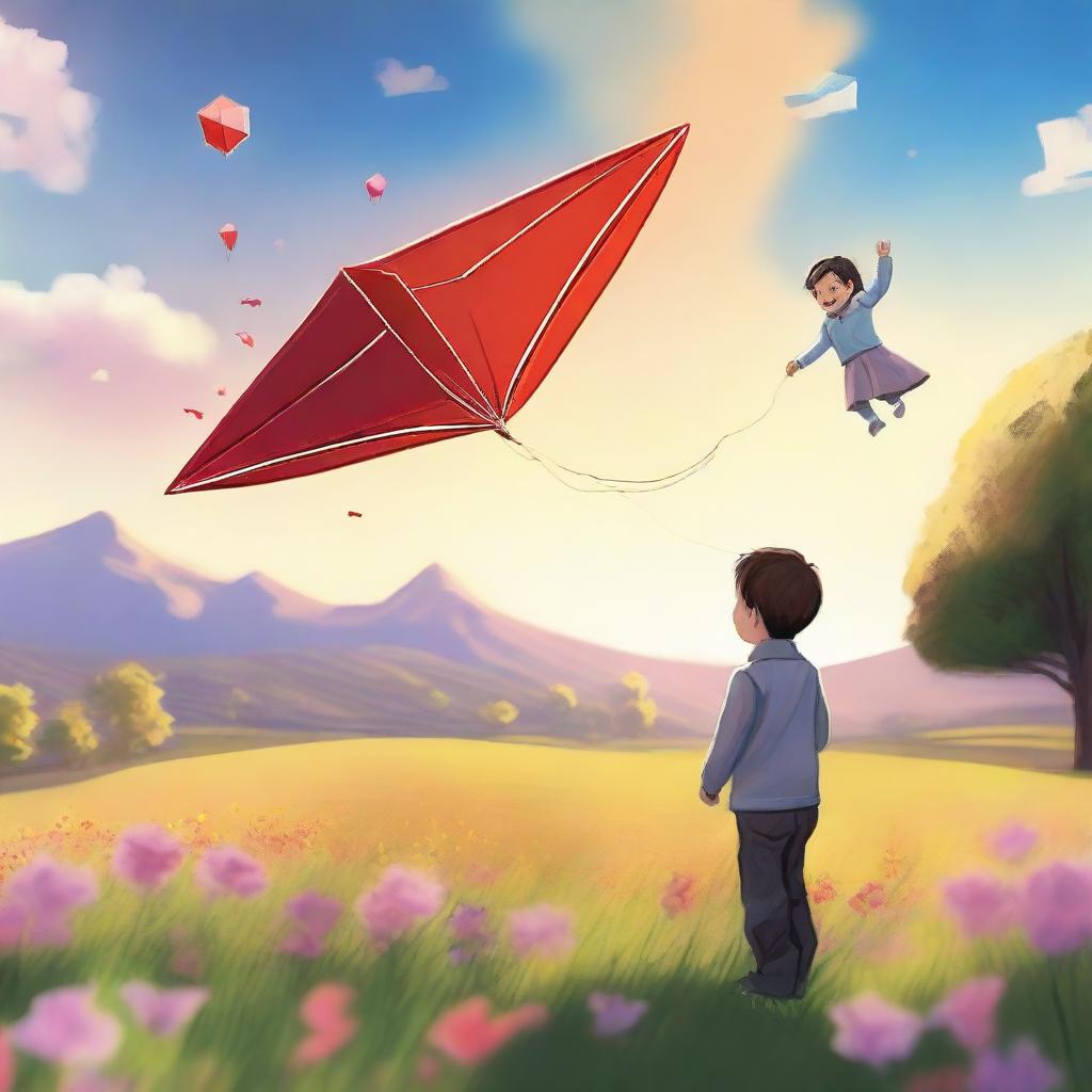 A high-quality digital art image depicting a scene of a modern Tesla Robot, and a joyful child, both engaged in flying a kite in a blooming flower field