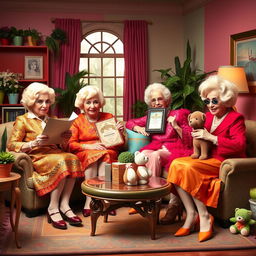 An imaginative scene featuring the four iconic characters from 'The Golden Girls' - Dorothy, Blanche, Rose, and Sophia - dressed in flamboyant and outrageous outfits