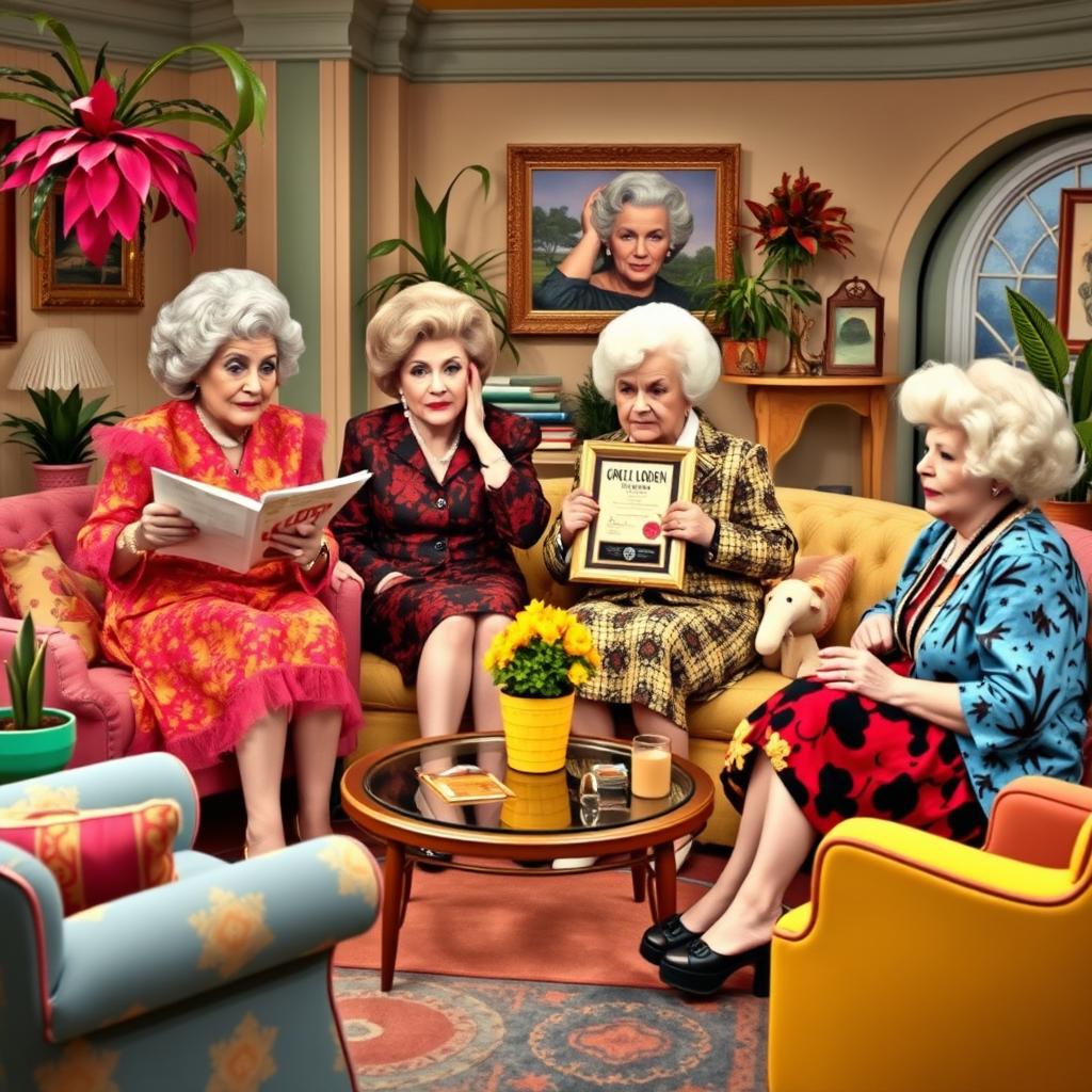 An imaginative scene featuring the four iconic characters from 'The Golden Girls' - Dorothy, Blanche, Rose, and Sophia - dressed in flamboyant and outrageous outfits