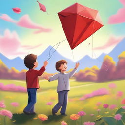 A high-quality digital art image depicting a scene of a modern Tesla Robot, and a joyful child, both engaged in flying a kite in a blooming flower field