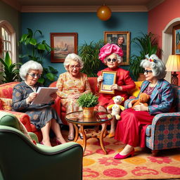 An imaginative scene featuring the four iconic characters from 'The Golden Girls' - Dorothy, Blanche, Rose, and Sophia - dressed in flamboyant and outrageous outfits
