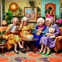 An imaginative scene featuring the four iconic characters from 'The Golden Girls' - Dorothy, Blanche, Rose, and Sophia - dressed in flamboyant and outrageous outfits