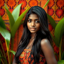 A beautiful Bangladeshi girl with dark long hair, standing confidently, surrounded by vibrant traditional Bangladeshi patterns in warm colors