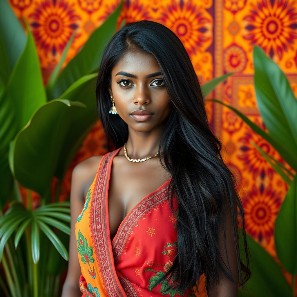 A beautiful Bangladeshi girl with dark long hair, standing confidently, surrounded by vibrant traditional Bangladeshi patterns in warm colors