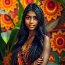 A beautiful Bangladeshi girl with dark long hair, standing confidently, surrounded by vibrant traditional Bangladeshi patterns in warm colors