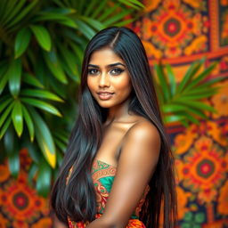 A beautiful Bangladeshi girl with dark long hair, standing confidently, surrounded by vibrant traditional Bangladeshi patterns in warm colors