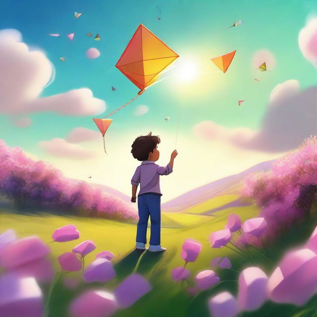 A high-quality digital art image depicting a scene of a modern Tesla Robot, and a joyful child, both engaged in flying a kite in a blooming flower field