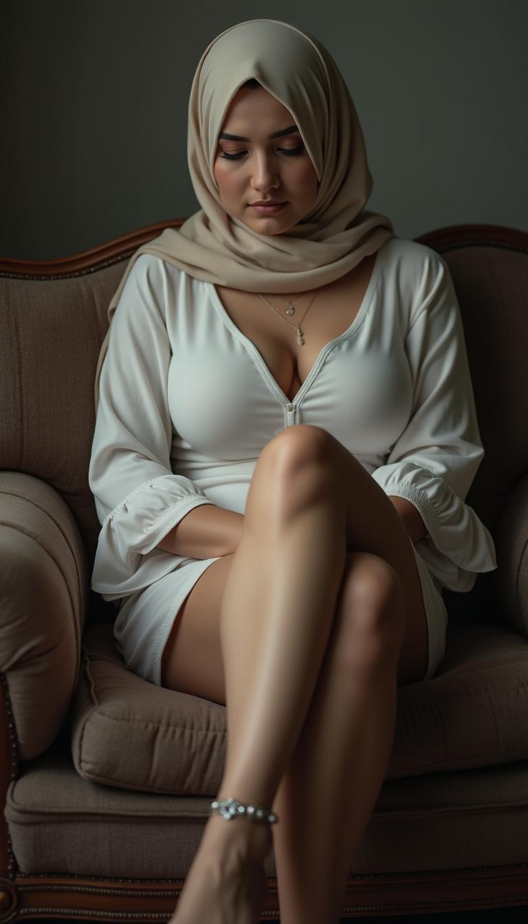 A poignant depiction of a 40-year-old MILF teacher with white skin and a voluptuous busty figure