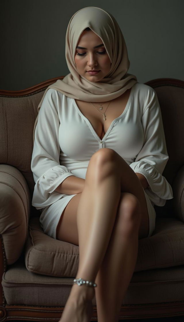 A poignant depiction of a 40-year-old MILF teacher with white skin and a voluptuous busty figure