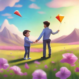 A high-quality digital art image depicting a scene of a modern Tesla Robot, and a joyful child, both engaged in flying a kite in a blooming flower field