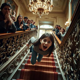 A dramatic scene capturing a girl falling down a flight of stairs, her expression one of surprise and fear