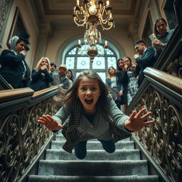 A dramatic scene capturing a girl falling down a flight of stairs, her expression one of surprise and fear