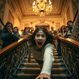 A dramatic scene capturing a girl falling down a flight of stairs, her expression one of surprise and fear