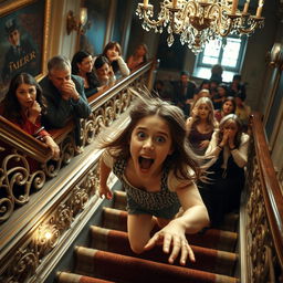 A dramatic scene capturing a girl falling down a flight of stairs, her expression one of surprise and fear