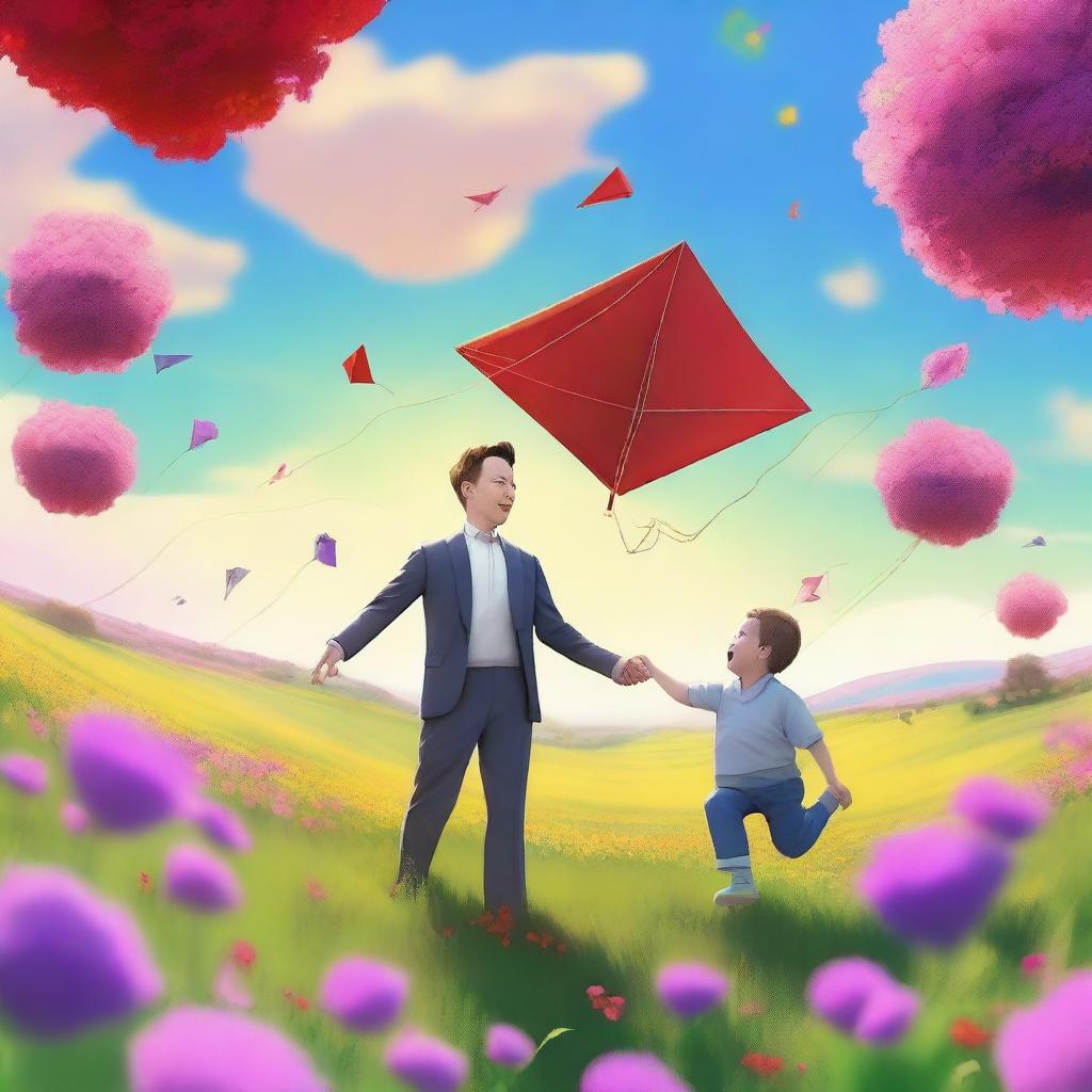 A high-quality digital art image, capturing an extraordinary scene of a sleek Tesla Robot and a gleeful child, together flying a kite amidst a field teeming with vibrant flowers