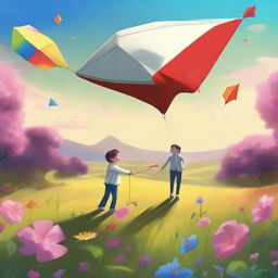 A high-quality digital art image, capturing an extraordinary scene of a sleek Tesla Robot and a gleeful child, together flying a kite amidst a field teeming with vibrant flowers