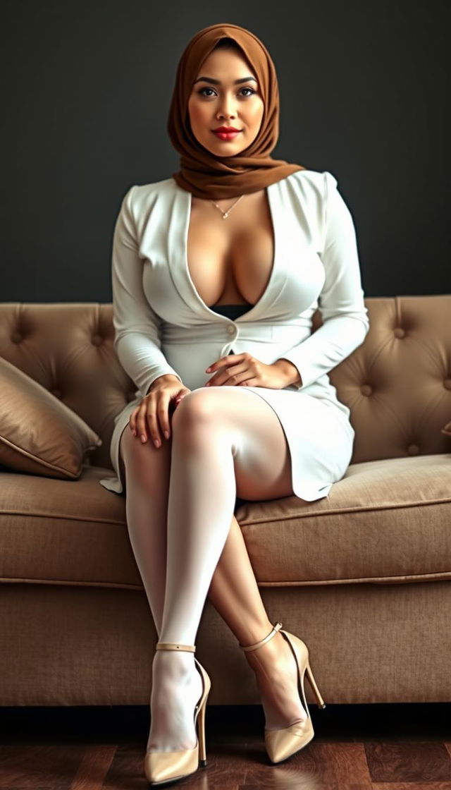 A captivating full-body photo of a 40-year-old MILF teacher with white skin and a voluptuous busty figure