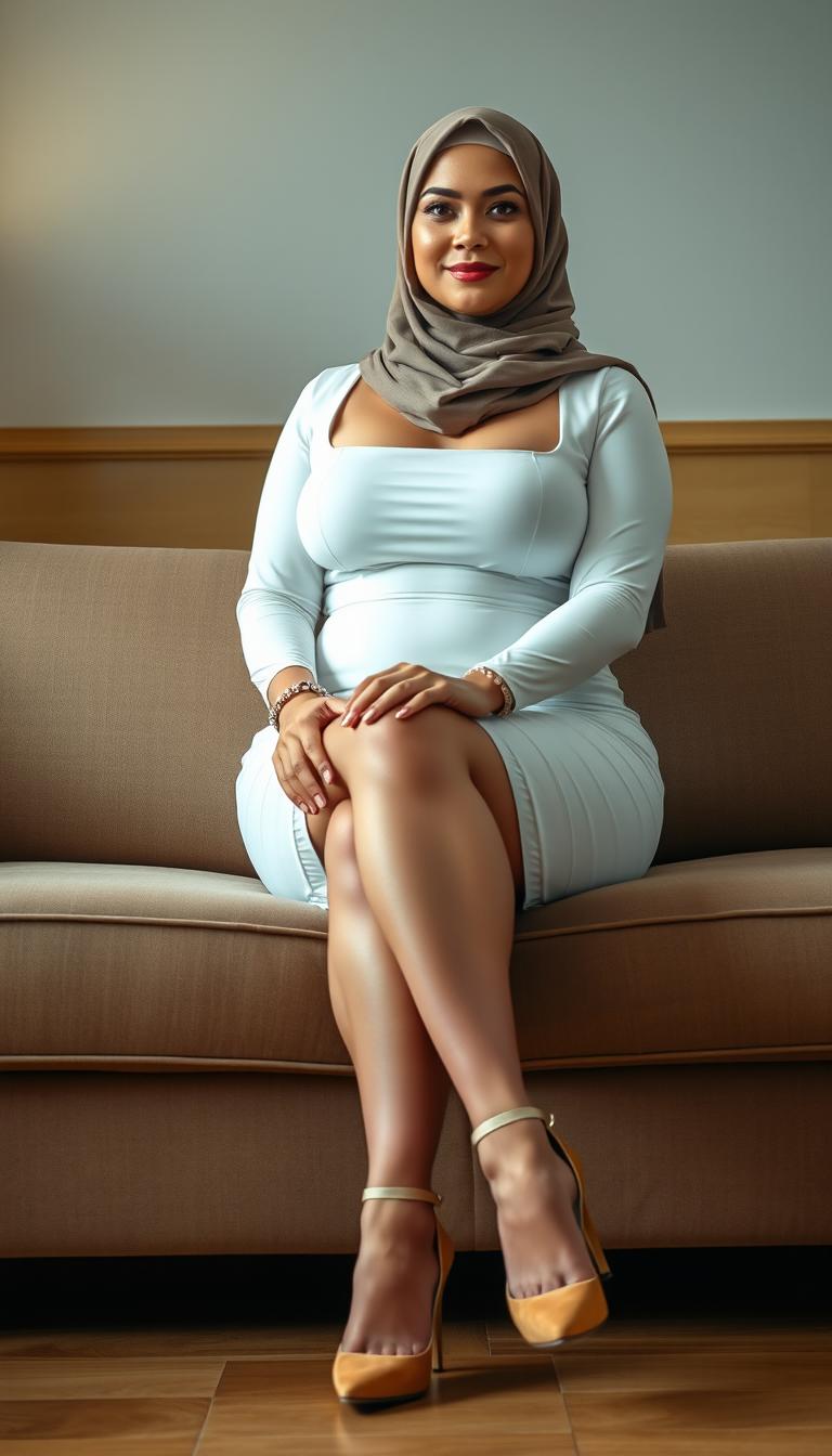 A voluptuous teacher in her 40s, with white skin and a busty figure, wearing high closed heels