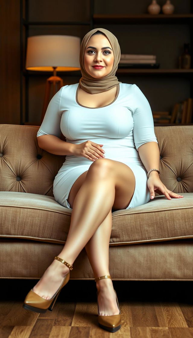 A voluptuous teacher in her 40s, with white skin and a busty figure, wearing high closed heels