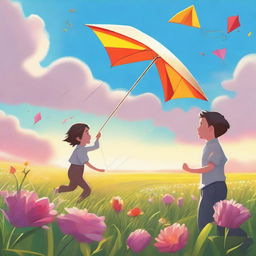 A high-quality digital art image, capturing an extraordinary scene of a sleek Tesla Robot and a gleeful child, together flying a kite amidst a field teeming with vibrant flowers