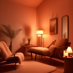 A relaxing, chill vibe room with soothing lighting, cozy furniture, decorated with minimalist aesthetics and soft colors