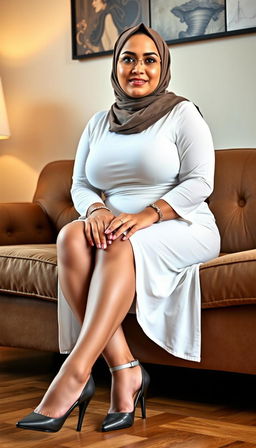 A voluptuous teacher in her 40s, with white skin and a busty figure, wearing high closed heels