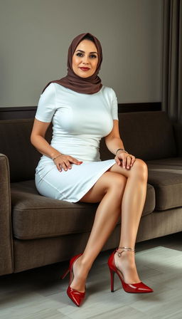 A mature, attractive teacher in her 40s, with a busty figure and white skin, wearing high closed heels and a hijab