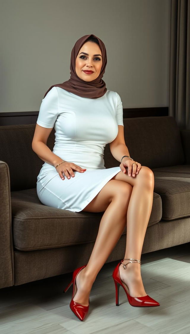 A mature, attractive teacher in her 40s, with a busty figure and white skin, wearing high closed heels and a hijab