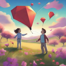 A high-quality digital art image, capturing an extraordinary scene of a sleek Tesla Robot and a gleeful child, together flying a kite amidst a field teeming with vibrant flowers