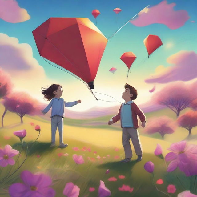 A high-quality digital art image, capturing an extraordinary scene of a sleek Tesla Robot and a gleeful child, together flying a kite amidst a field teeming with vibrant flowers