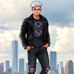 A gender-swapped version of Storm from X-Men, depicted as a stylish young man with light white hair, wearing casual clothes