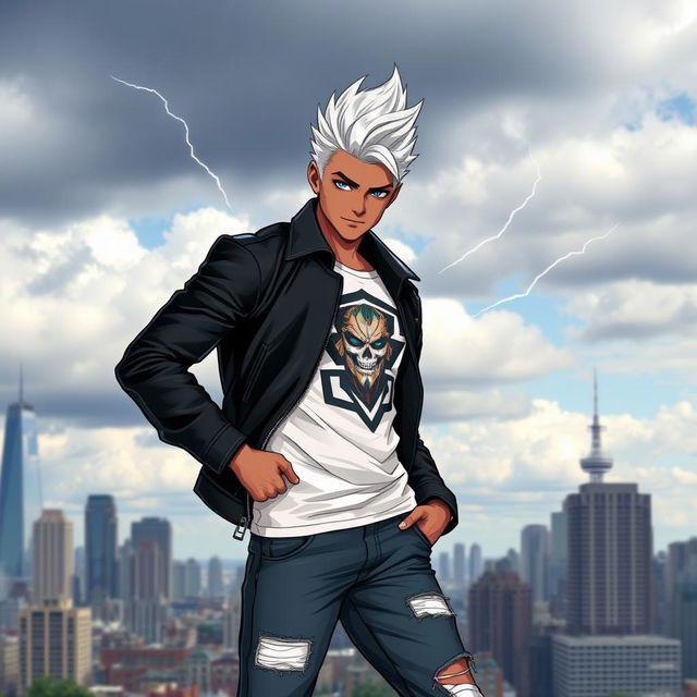 A gender-swapped version of Storm from X-Men, depicted as a stylish young man with light white hair, wearing casual clothes