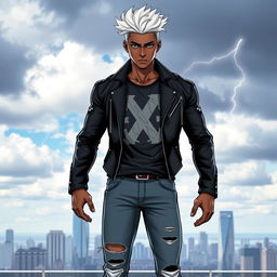 A gender-swapped version of Storm from X-Men, depicted as a stylish young man with light white hair, wearing casual clothes