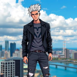 A gender-swapped version of Storm from X-Men, depicted as a stylish young man with light white hair, wearing casual clothes