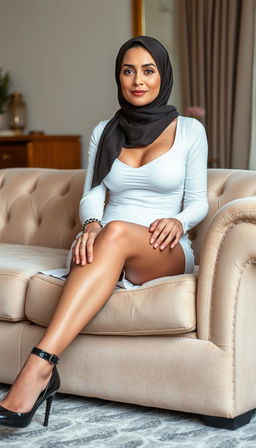 A captivating real model representing a busty European teacher in her 40s, with fair white skin