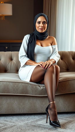 A captivating real model representing a busty European teacher in her 40s, with fair white skin