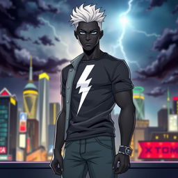 A gender-swapped version of Storm from X-Men, portrayed as a male character, dressed in stylish casual clothing