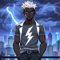 A gender-swapped version of Storm from X-Men, portrayed as a male character, dressed in stylish casual clothing