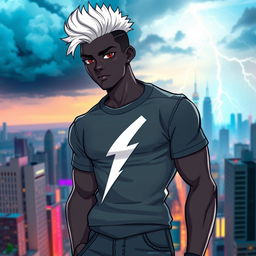 A gender-swapped version of Storm from X-Men, portrayed as a male character, dressed in stylish casual clothing