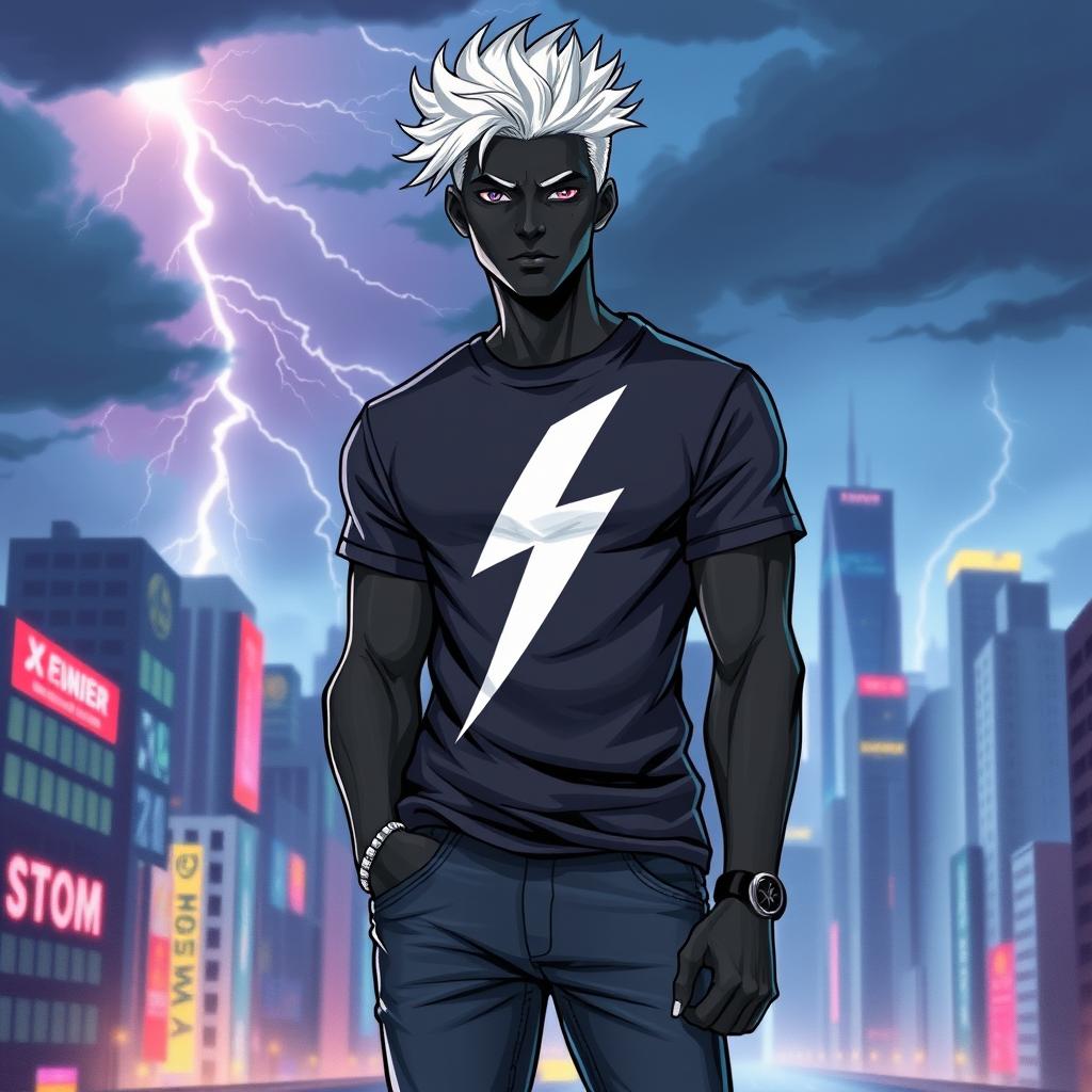 A gender-swapped version of Storm from X-Men, portrayed as a male character, dressed in stylish casual clothing