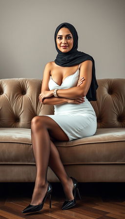 A beautiful real model portrayed as a busty European teacher in her 40s, featuring fair white skin