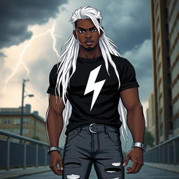 A gender-swapped version of Storm from X-Men, depicted as a male character with striking features